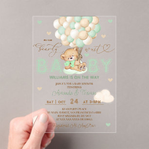 Invitaciones Acrílicas Oso Verde Globos Baby Shower