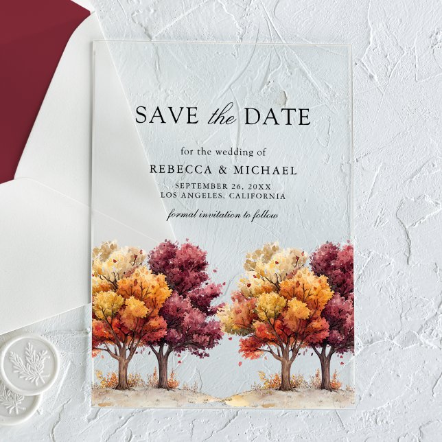 Invitaciones Acrílicas Otoño Caída Boda de árboles de Borgoña Salva la Fe (Subido por el creador)