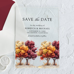 Invitaciones Acrílicas Otoño Caída Borgoña Árboles Boda Guardar la Fecha