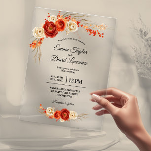 Invitaciones Acrílicas Otoño Chic Floral Naranja Terracota boda