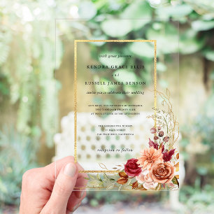 Invitaciones Acrílicas Otoño Dorado Terracota Floral