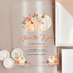Invitaciones Acrílicas Otoño Terroso Floral Calabaza Boda Guardar la Fech