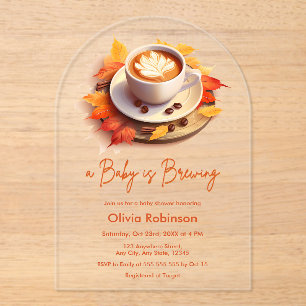 Invitaciones Acrílicas Otoño Un bebé prepara café Baby Shower