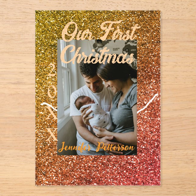 Invitaciones Acrílicas Our first Christmas orange red glitter photo year (Anverso)