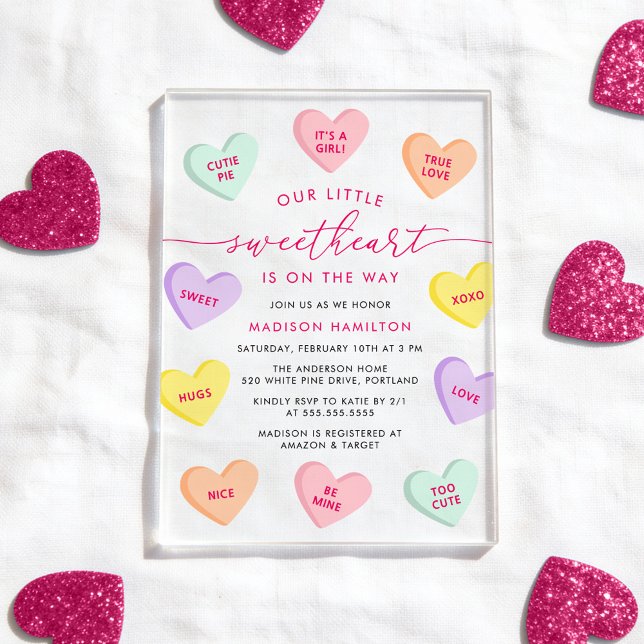 Invitaciones Acrílicas Our Little Sweetheart Candy Hearts Baby Shower (Subido por el creador)
