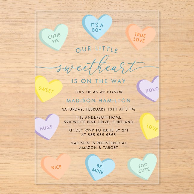 Invitaciones Acrílicas Our Little Sweetheart Candy Hearts Baby Shower (Anverso)