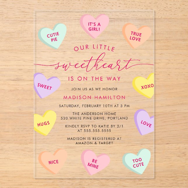 Invitaciones Acrílicas Our Little Sweetheart Candy Hearts Baby Shower (Anverso)