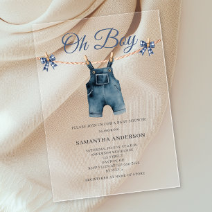 Invitaciones Acrílicas Overoles Azules Fiesta de Baby Shower de Niño
