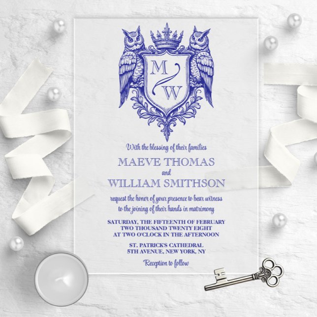 Invitaciones Acrílicas Owl Crest Royal Monogram Wedding Invitation (Subido por el creador)