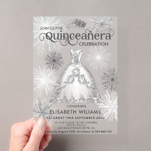 Invitaciones Acrílicas Paisaje invernal Tiara de copos de nieve Quinceañe