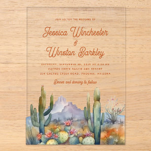 Invitaciones Acrílicas Paisaje moderno occidental de cactus del desierto 