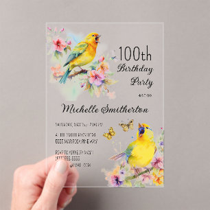 Invitaciones Acrílicas Pájaros Antiguos Canarios Flores 100 Cumpleaños