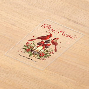 Invitaciones Acrílicas Pájaros Cardenales en Linterna de Navidad en Acuar
