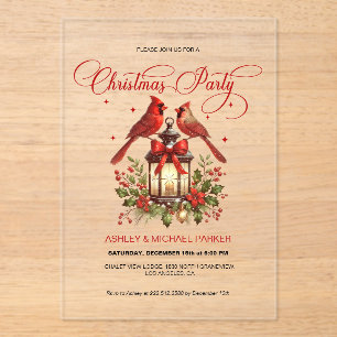 Invitaciones Acrílicas Pájaros Cardenales en Linterna de Navidad en Acuar