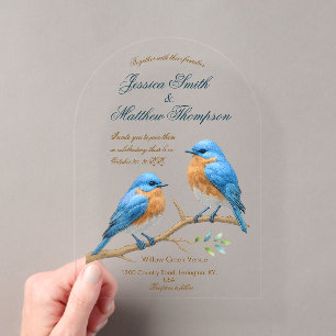 Invitaciones Acrílicas Pájaros del Amor Pastel Marfil Bodas Pájaros Azule