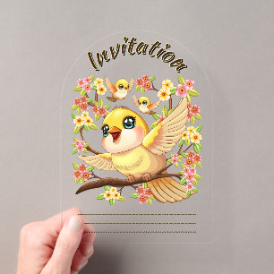 Invitaciones Acrílicas Pájaros lindos y felices entre flores de primavera