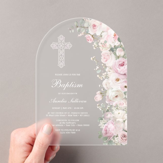 Invitaciones Acrílicas Pale Pink Flowers Arch Baptism Frosted (Insitu (portátil))