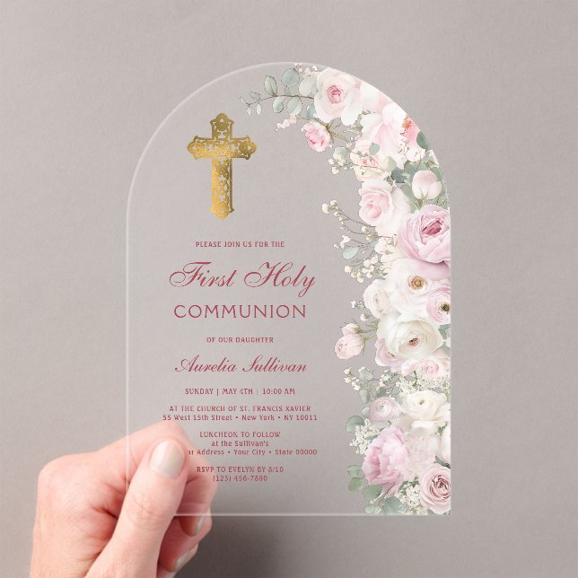 Invitaciones Acrílicas Pale Pink Flowers Arch First Communion Clear (Insitu (portátil))
