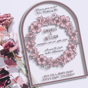 Invitaciones Acrílicas Paleta Rosa Suave Corona Floral Transparente