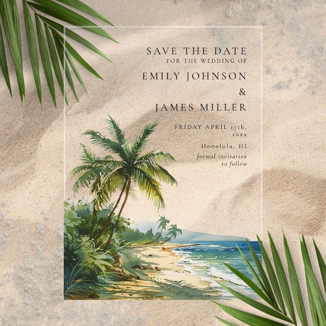 Invitaciones Acrílicas Palm Beach Wedding Tropical Salvar La Fecha (Tropical Palm Beach Wedding Save The Date Acrylic Invitations)