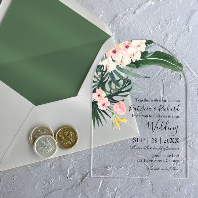Invitaciones Acrílicas Palm deja la boda de destino tropical (Subido por el creador)