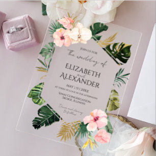 Invitaciones Acrílicas Palm Leaves Hibiscus Boda de Verdor Tropical