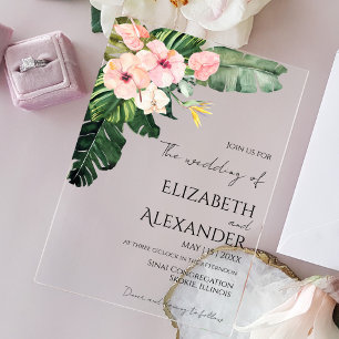 Invitaciones Acrílicas Palm Leaves Hibiscus Boda de Verdor Tropical