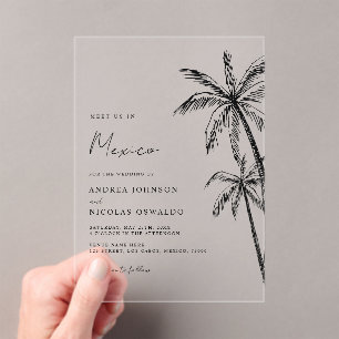 Invitaciones Acrílicas Palm Tree Sketch Travel Beach Destination Wedding