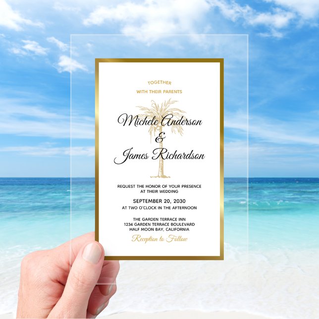 Invitaciones Acrílicas Palm Tree Tropical Gold Elegant Wedding (Tropical Gold Palm Tree Elegant Beach Wedding Acrylic Invitations)