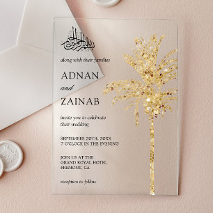 Invitaciones Acrílicas Palmera Datilera Musulmana de Bodas con Brillo Dor