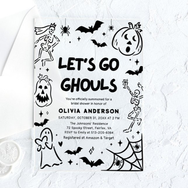 Invitaciones Acrílicas Pantalón de Halloween con esqueleto de la mano fan (Hand Drawn Halloween Skeleton Ghost Bridal Shower Acrylic Invitations)