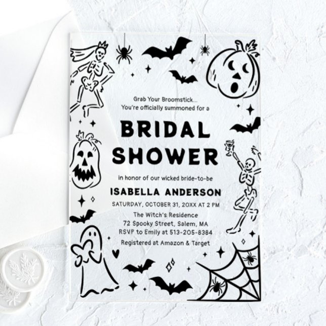 Invitaciones Acrílicas Pantalón de Halloween con esqueleto de la mano fan (Hand Drawn Halloween Skeleton Ghost Bridal Shower Acrylic Invitation)