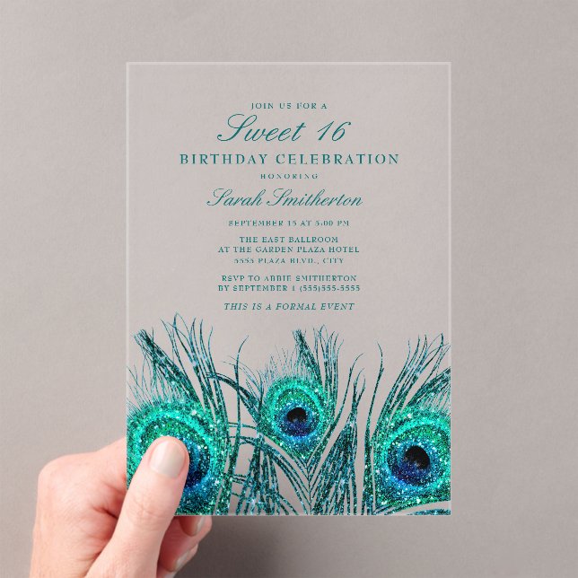 Invitaciones Acrílicas Pañuelas de pavo real azul Verde azuladas Purpurin (Insitu (portátil))
