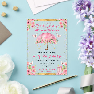 Invitaciones Acrílicas Paraguas de cumpleaños 21 Primavera Rosa Dorado Aq
