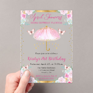 Invitaciones Acrílicas Paraguas de cumpleaños 21 Primavera Rosa Dorado Aq