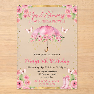 Invitaciones Acrílicas Paraguas de cumpleaños infantil de primavera rosa 