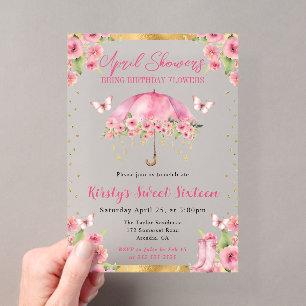 Invitaciones Acrílicas Paraguas de dieciséis dulces de primavera de oro r