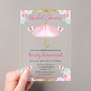 Invitaciones Acrílicas Paraguas de lluvia de boda de primavera de oro ros