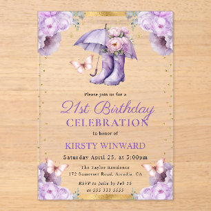 Invitaciones Acrílicas Paraguas de primavera púrpura y dorado Cumpleaños 