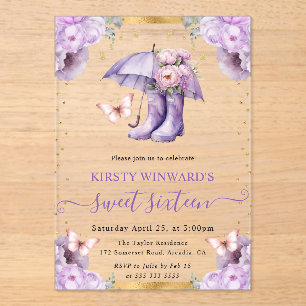 Invitaciones Acrílicas Paraguas de primavera púrpura y dorado Sweet 16