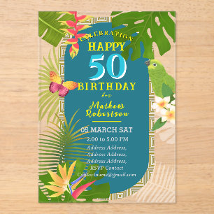 Invitaciones Acrílicas Paraiso Tropical cumpleaños anual 50º Azul teal