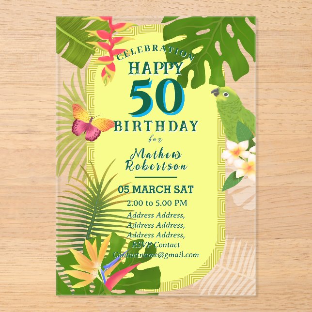 Invitaciones Acrílicas Paraiso Tropical Cumpleaños Anual 50  (Anverso)