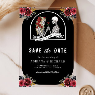 Invitaciones Acrílicas Pareja de esqueletos góticos, boda negra, save the