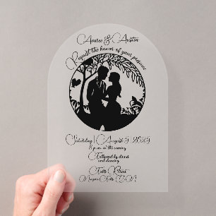 Invitaciones Acrílicas Pareja de novios elegante silueta enmarcada en neg