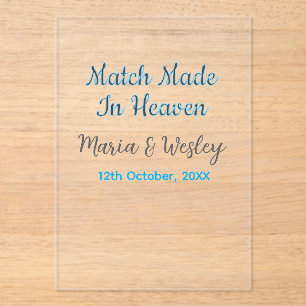 Invitaciones Acrílicas Pareja hecha en el cielo nombre fecha pareja azul