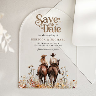 Invitaciones Acrílicas Pareja occidental montando a caballo Boda Save the
