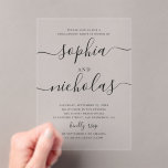 Invitaciones Acrílicas Partido de compromiso claro minimalista | Letra cu<br><div class="desc">Invite a sus seres queridos con esta elegante invitación de la fiesta de compromiso acrílico con un fondo transparente y un guión moderno de caligrafía. Este diseño claro crea una moda y un aspecto atemporal. Se trata de un lugar elegante que los clientes pueden apreciar. Perfecto para fiestas de compromiso,...</div>