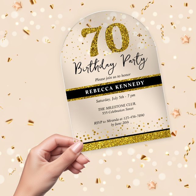 Invitaciones Acrílicas Partido de Cumpleaños 70 Purpurina de Oro y Negro (Black And Gold Glitter 70th Birthday Party Acrylic Invitations)
