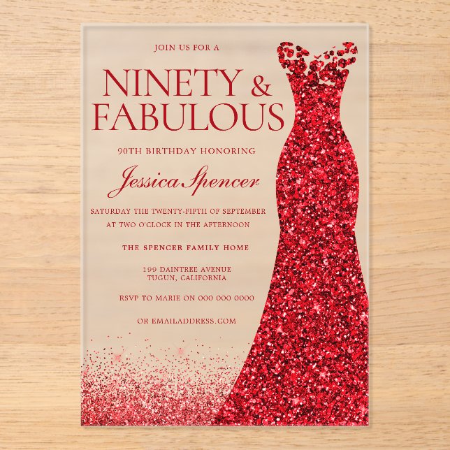 Invitaciones Acrílicas Partido de Cumpleaños 90 de Red Gown (Anverso)