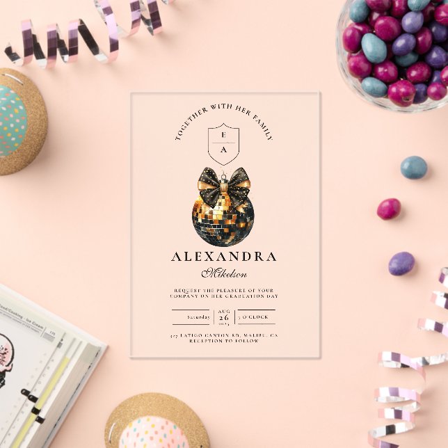 Invitaciones Acrílicas Partido de graduación de Black Bow Disco Ball (Insitu (Celebración))